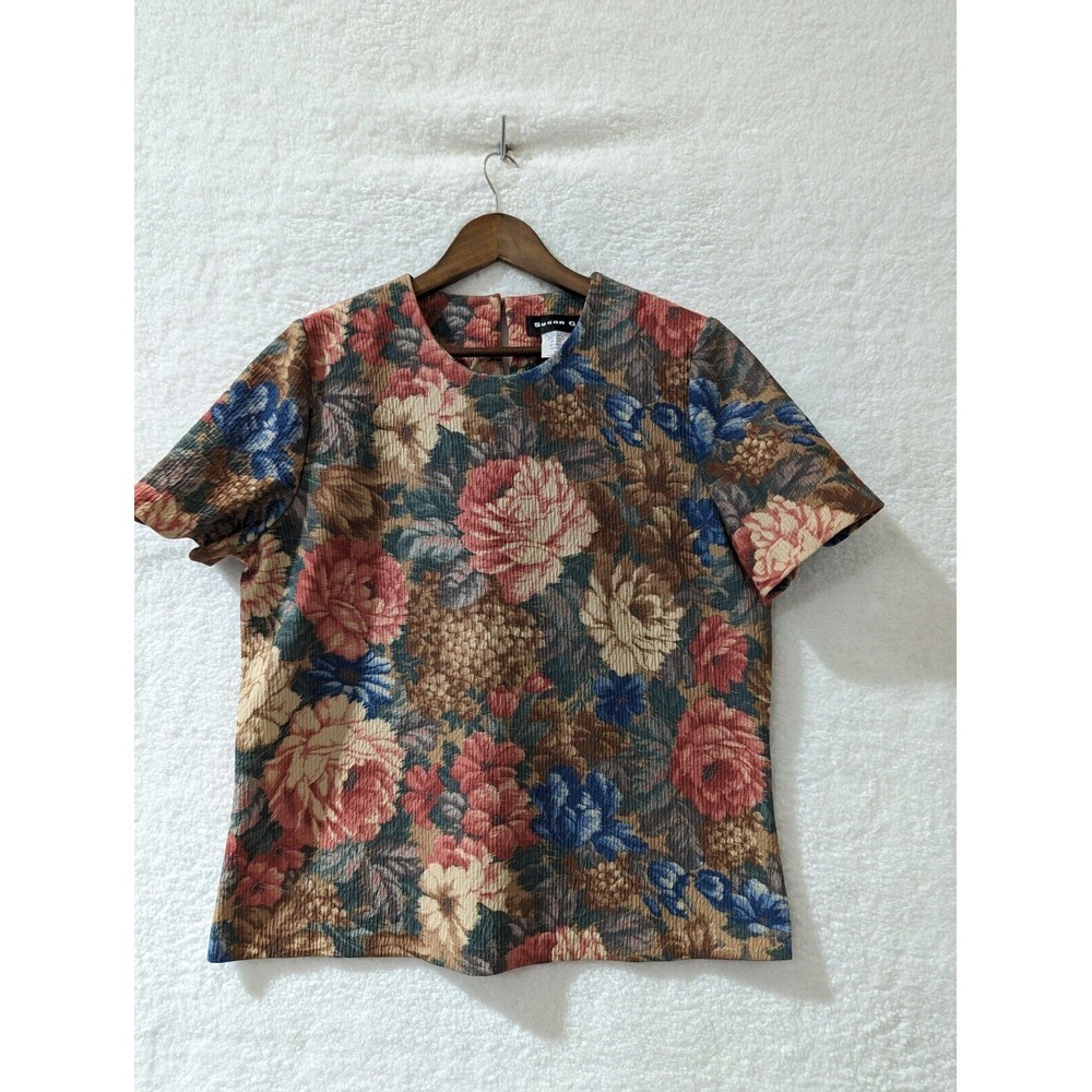 Vintage Susan Graver Blouse Multicolored Flower Print Made‎ In USA L - Picture 2 of 10